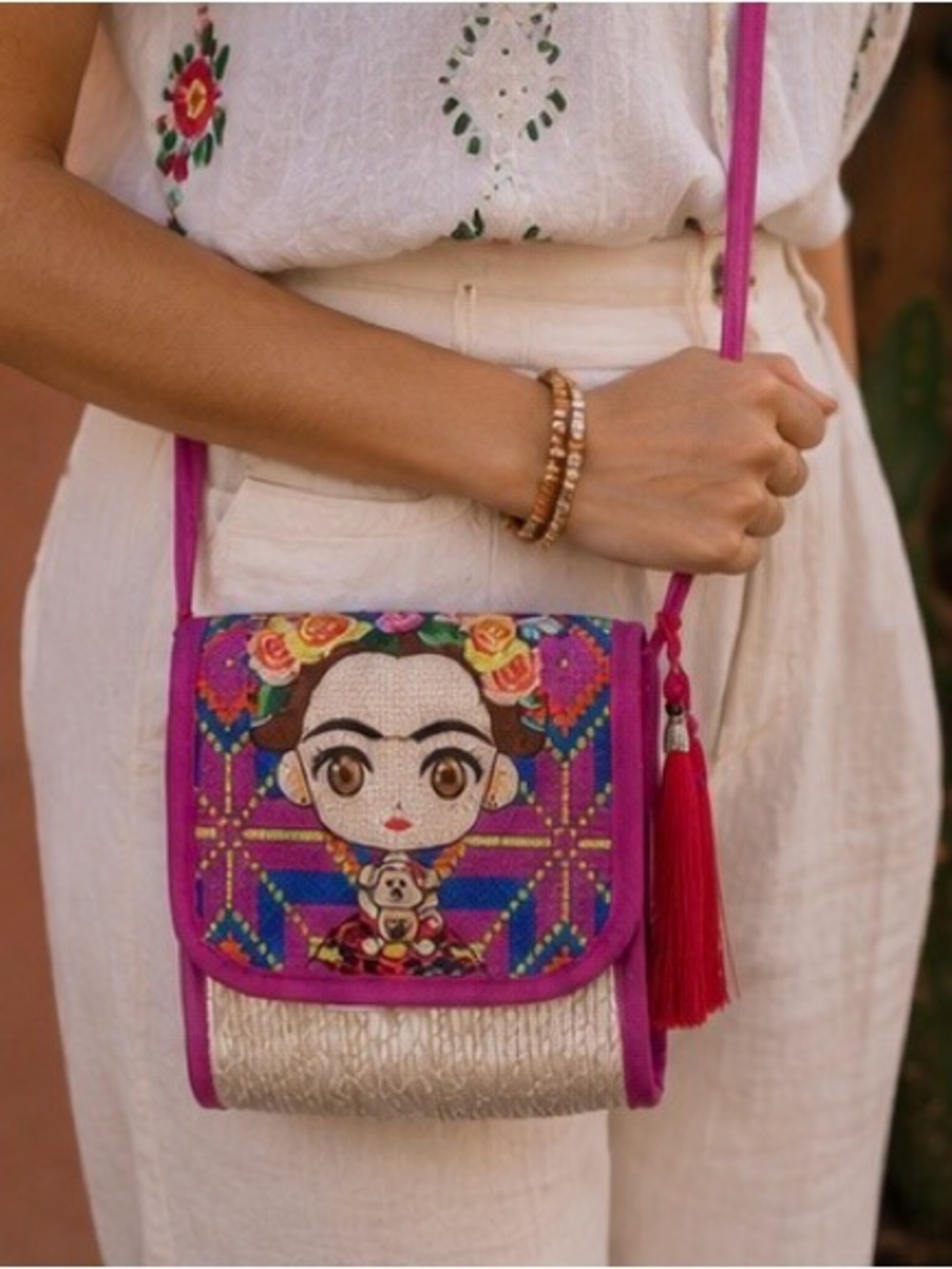 Frida Kahlo Inspired Woven Palm Leaf Mini Crossbody Bag Boho Folk Art